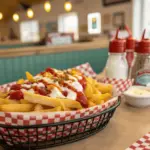 Golden, crispy seasoned fries in a rustic basket with dipping sauces on a wooden table