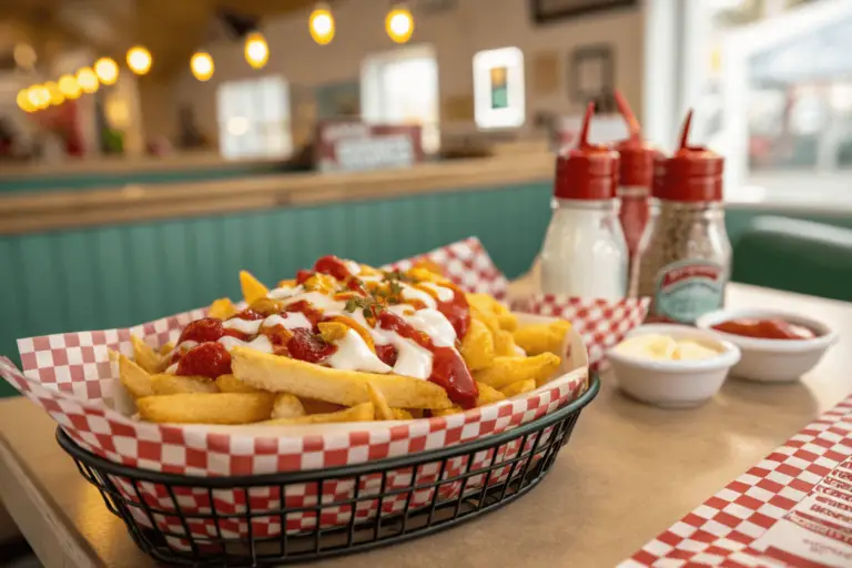 Golden, crispy seasoned fries in a rustic basket with dipping sauces on a wooden table