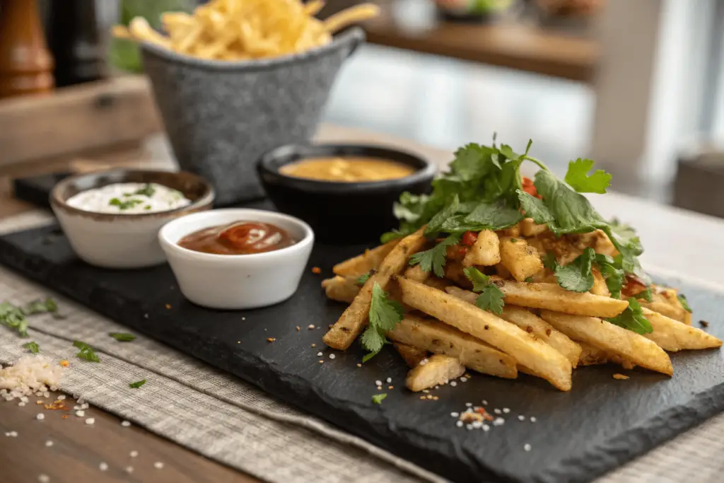 Voodoo Fries garnished with fresh cilantro on a black slate plate, served with small bowls of dipping sauces, set against a blurred kitchen background.