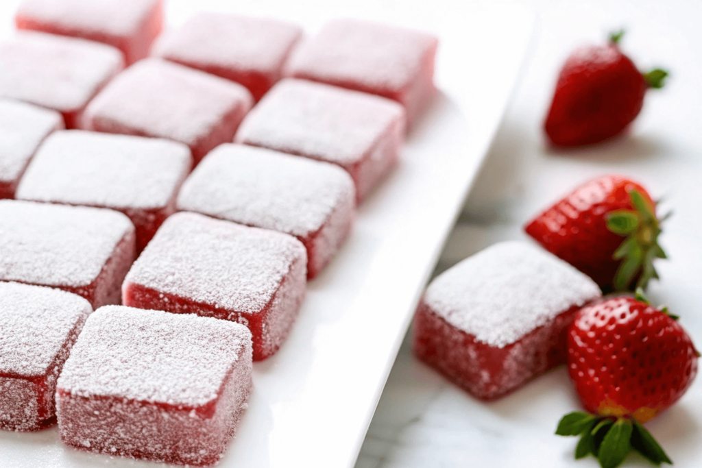 Freshly baked strawberry jelly-filled brownies cooling on a rack, showing the gooey strawberry filling inside.