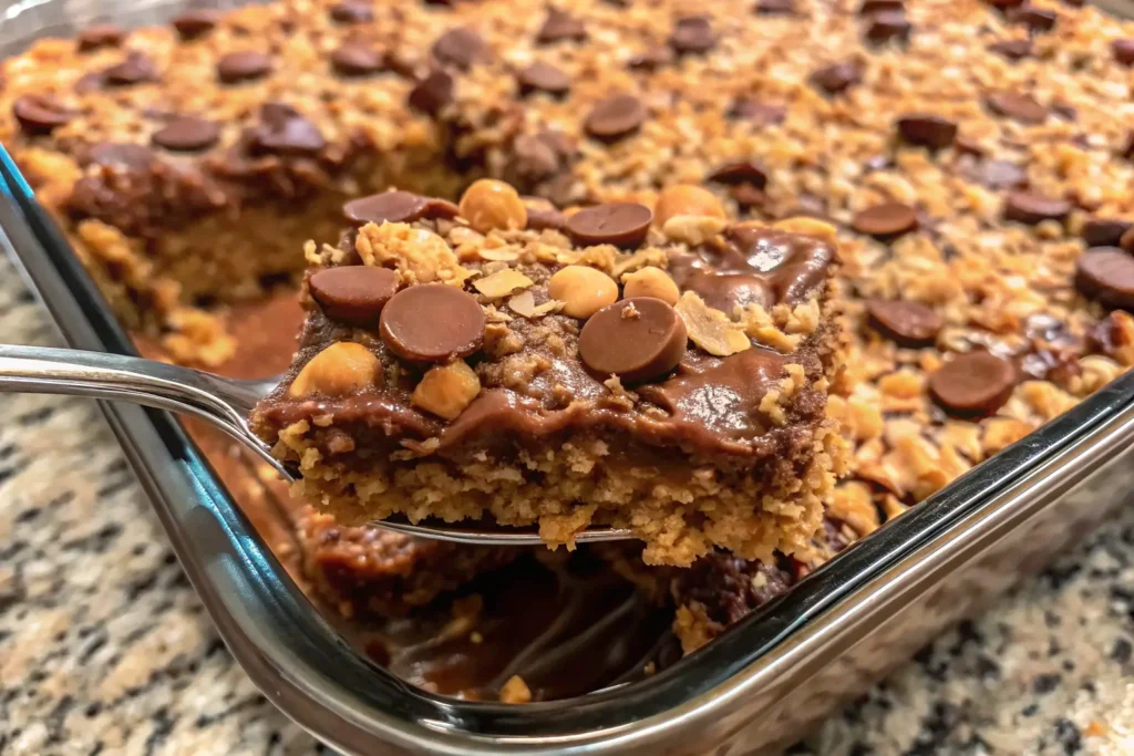 A freshly baked Peanut Butter Cup Dump Cake in a 9x13-inch baking dish, with a gooey chocolate and peanut butter swirl, topped with melted chocolate chips and mini peanut butter cups. The cake is slightly cracked on top, revealing its rich, warm texture, and is served with a scoop of vanilla ice cream on the side.