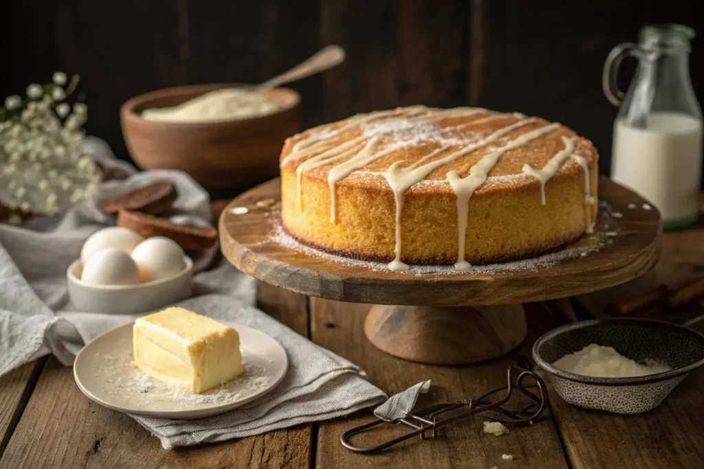 A warm vanilla butter cake in a baking dish with buttermilk sauce being poured over it, creating a rich and moist texture