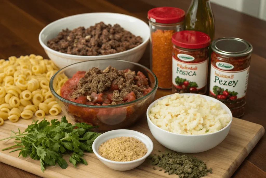 Essential ingredients for pizza casserole, including pasta, meats, vegetables, sauces, and cheeses, on a wooden counter.