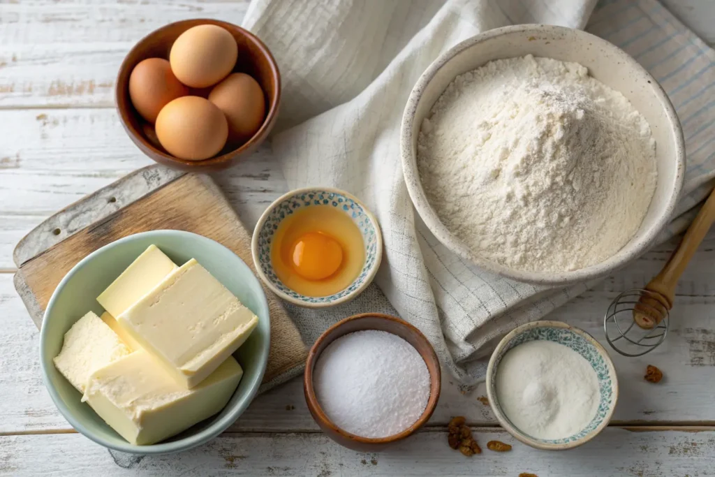 A flat-lay shot of essential ingredients for vanilla butter cake, including flour, butter, eggs, sugar, vanilla extract, and buttermilk.

