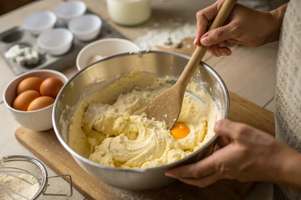 A baker mixing smooth vanilla cake batter in a bowl, with butter, sugar, and eggs, surrounded by essential baking ingredients.

