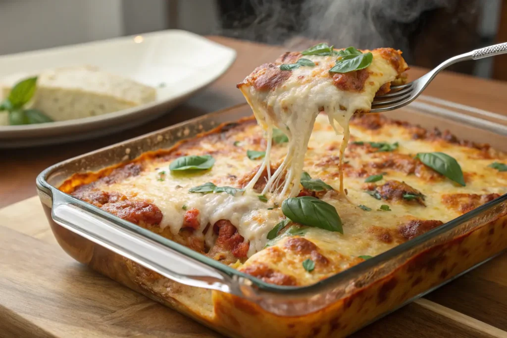 Golden pizza casserole in a baking dish, with melted cheese and garnished with fresh basil and Parmesan cheese.