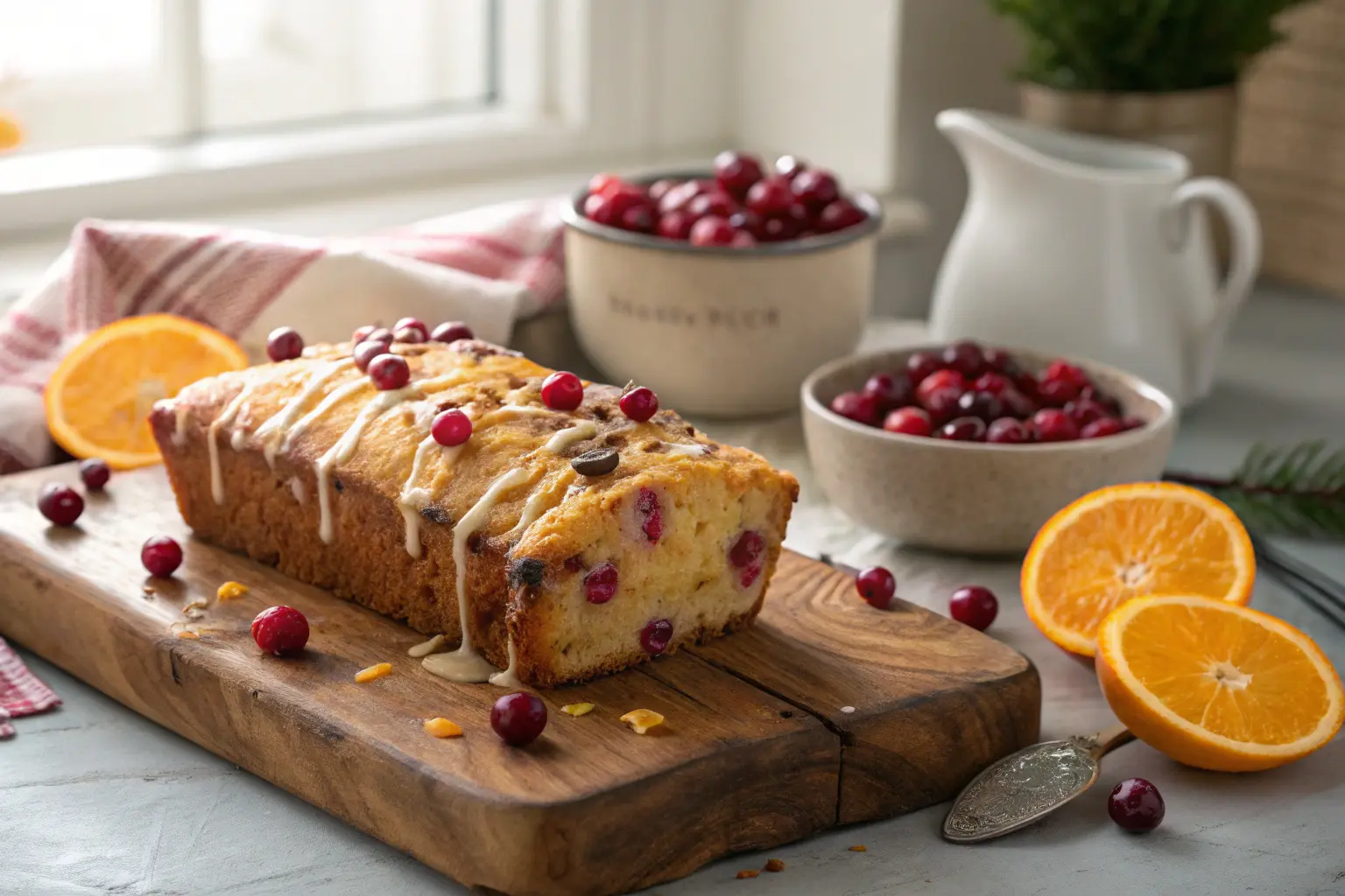 A slice of cranberry orange bread with orange glaze, surrounded by fresh cranberries and orange slices on a rustic wooden board