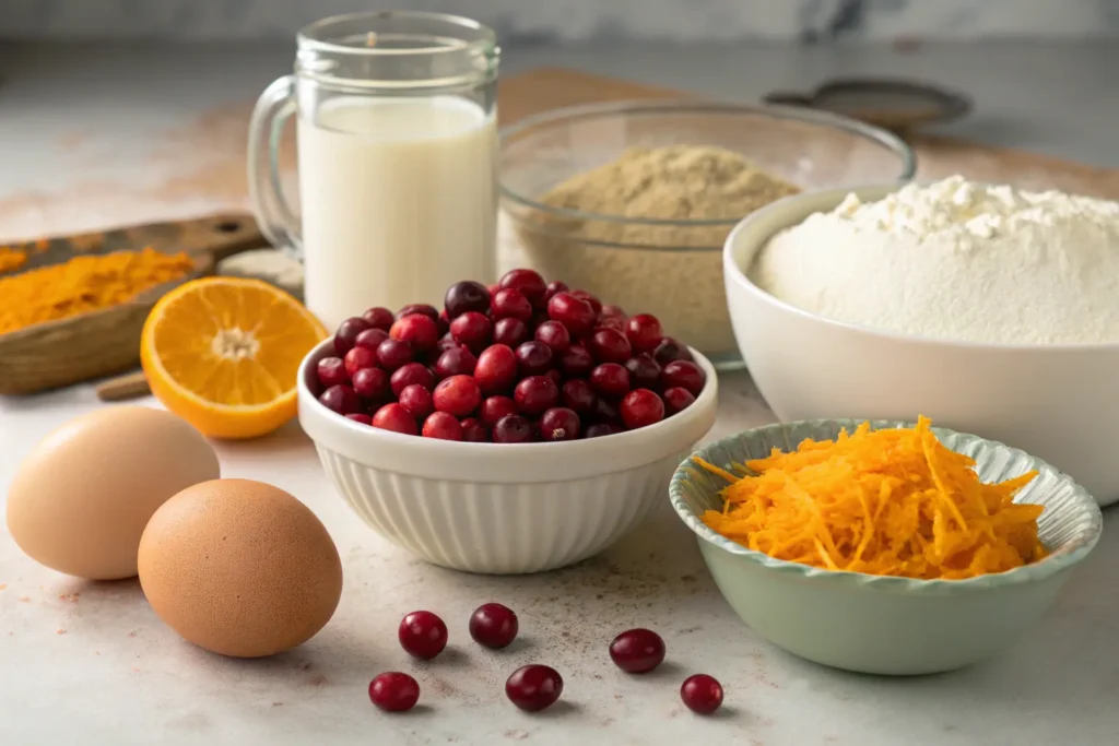 Mixing bowl with batter for cranberry orange bread, showing ingredients being whisked together