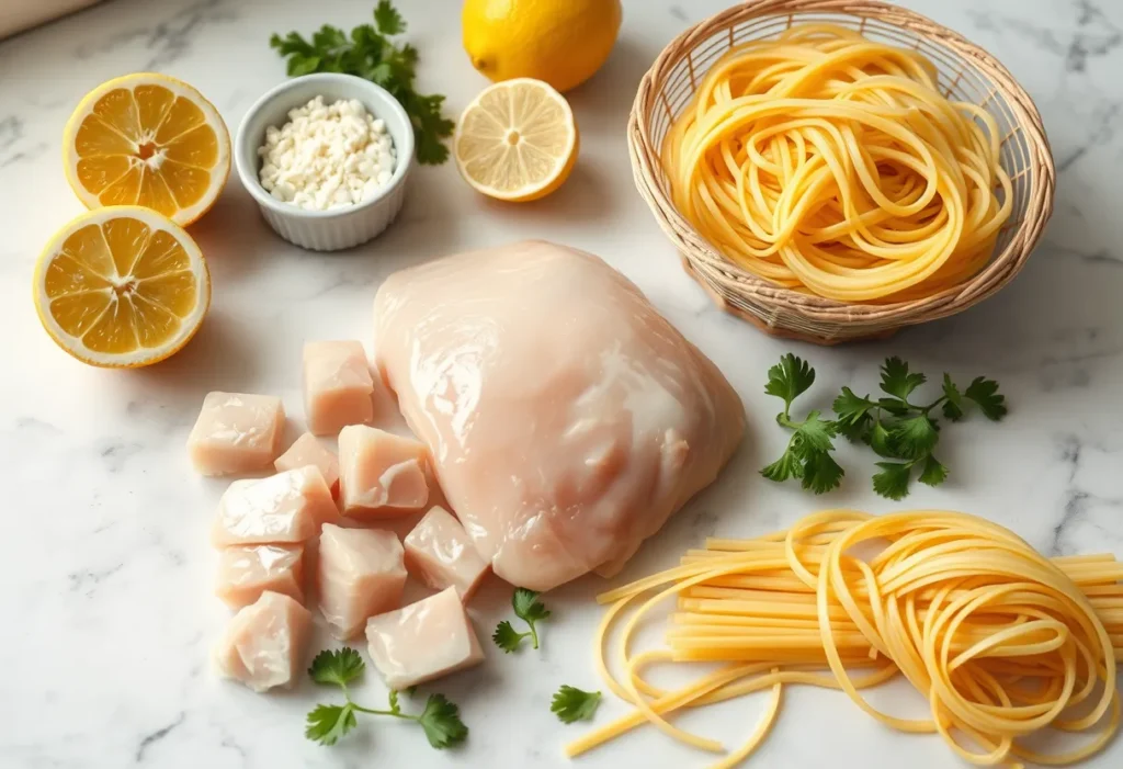 Fresh ingredients for Lemon Garlic Butter Chicken Bites with Savory Parmesan Linguine, including chicken, lemons, garlic, Parmesan, linguine, and parsley.