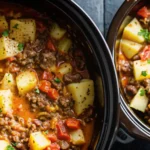 A slow cooker filled with simmering cowboy casserole, with visible ingredients blending into a flavorful dish