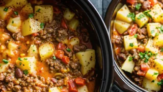 A slow cooker filled with simmering cowboy casserole, with visible ingredients blending into a flavorful dish