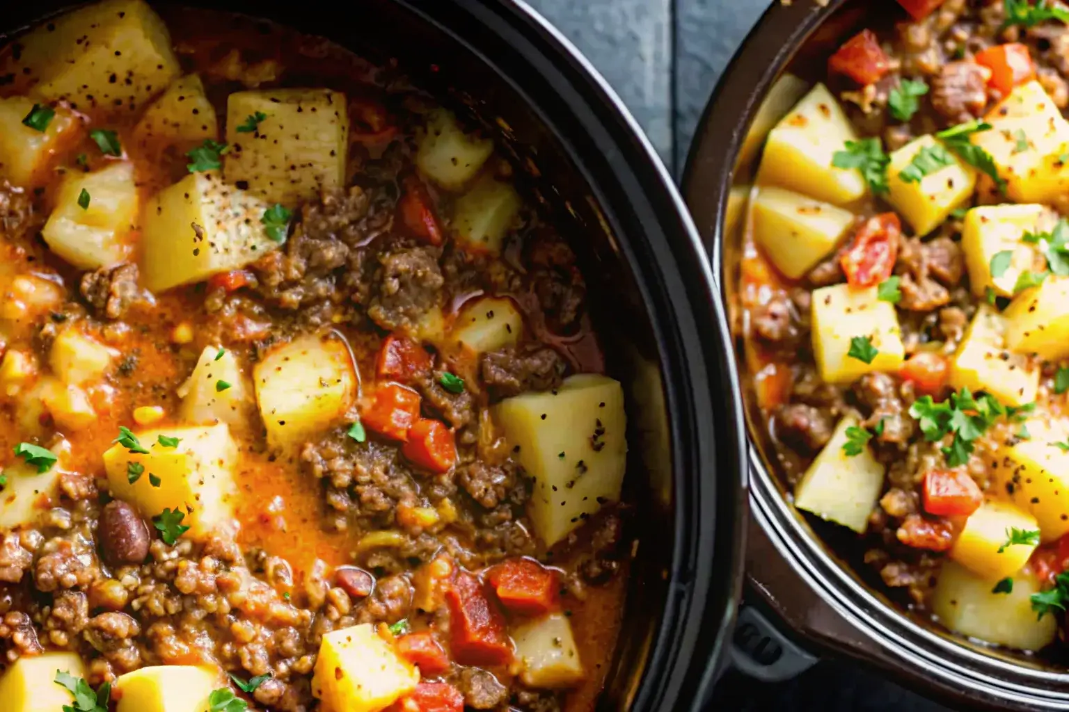 A slow cooker filled with simmering cowboy casserole, with visible ingredients blending into a flavorful dish