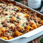 Golden pizza casserole with melted cheese and pepperoni, garnished with fresh basil and Parmesan, on a rustic baking dish.