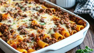 Golden pizza casserole with melted cheese and pepperoni, garnished with fresh basil and Parmesan, on a rustic baking dish.