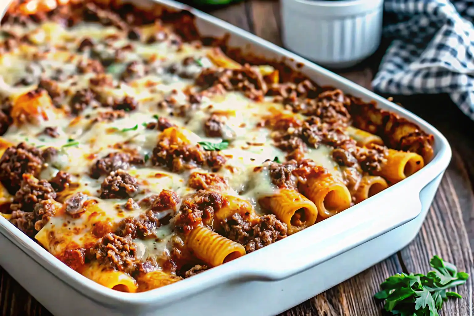 Golden pizza casserole with melted cheese and pepperoni, garnished with fresh basil and Parmesan, on a rustic baking dish.