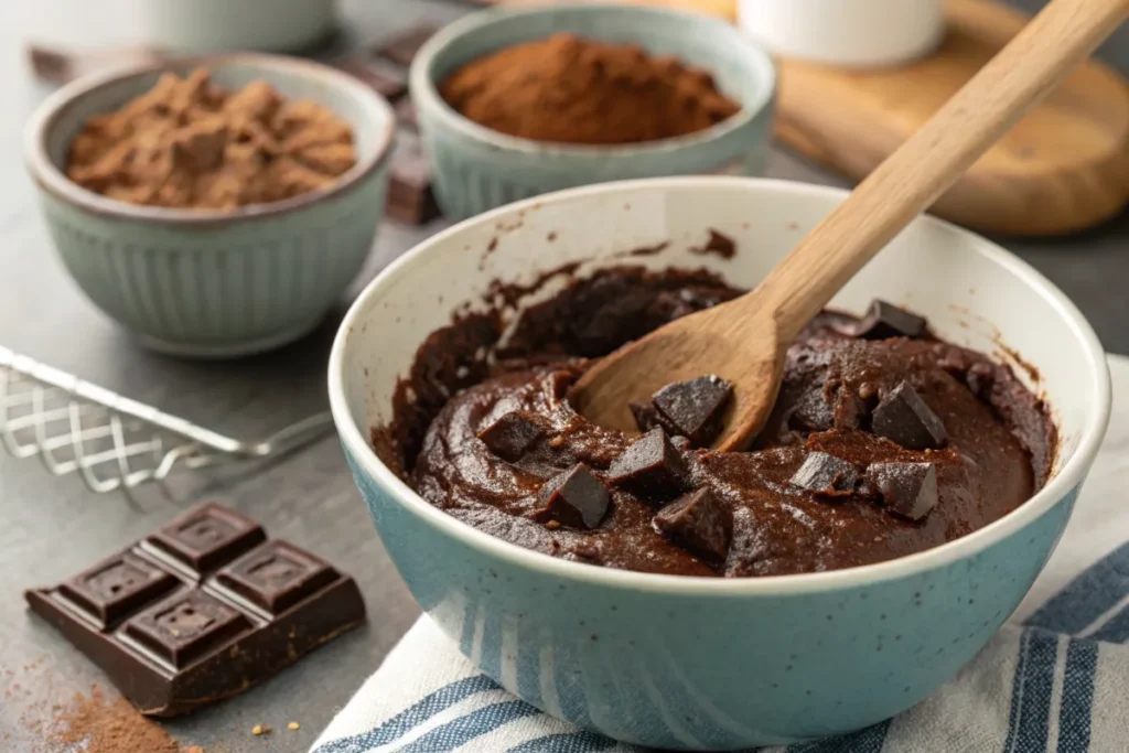 A bowl of rich, glossy brownie batter with chocolate chunks being mixed with a wooden spoon.