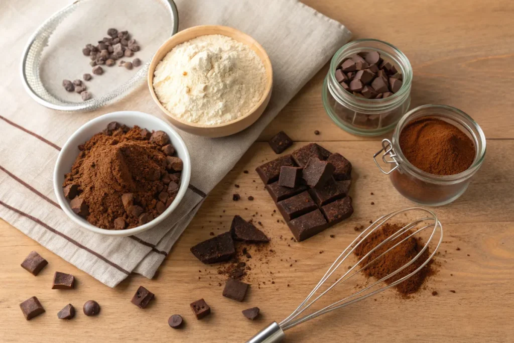 A top-down view of essential ingredients for fudgy cocoa brownies, including cocoa powder, flour, sugar, chocolate chunks, and a whisk