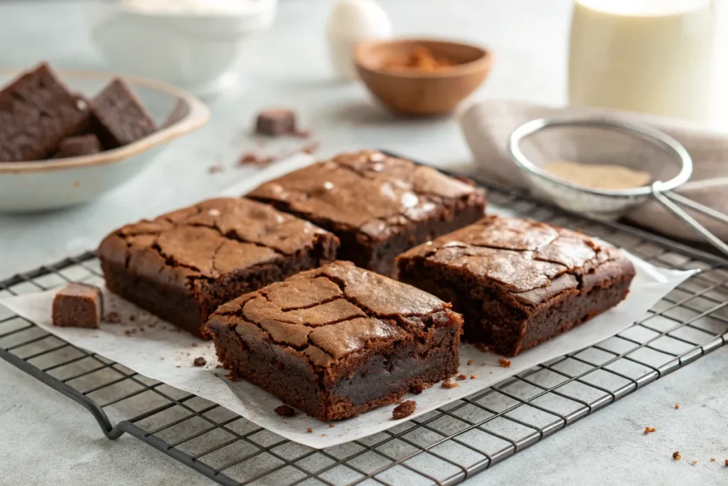 A tray of freshly baked fudgy cocoa brownies with a crackly top, cooling on a wire rack.

Let me know if you need any refinements! 