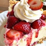 A deliciously rich Strawberry Cheesecake Dump Cake with layers of strawberry filling, creamy cheesecake, and a buttery crust, garnished with fresh strawberries and whipped cream.