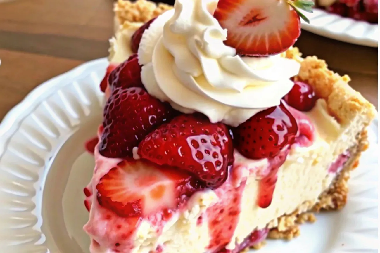 A deliciously rich Strawberry Cheesecake Dump Cake with layers of strawberry filling, creamy cheesecake, and a buttery crust, garnished with fresh strawberries and whipped cream.