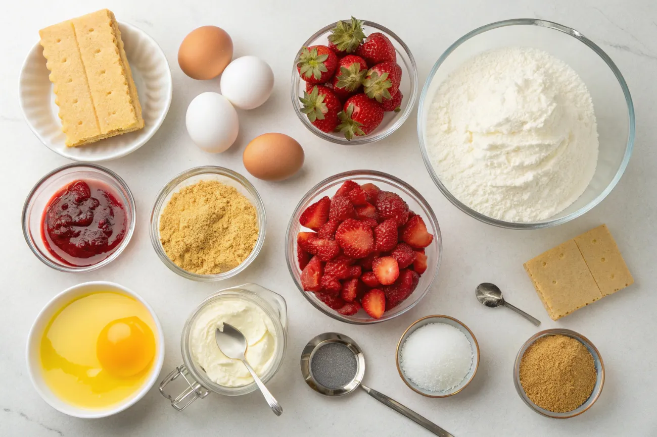  All the essential ingredients laid out for making a Strawberry Cheesecake Dump Cake , including cake mix, cream cheese, strawberries, sugar, and more.