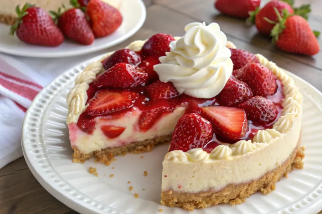 A beautifully decorated slice of Strawberry Cheesecake Dump Cake with creamy layers, fresh strawberries, and whipped cream.