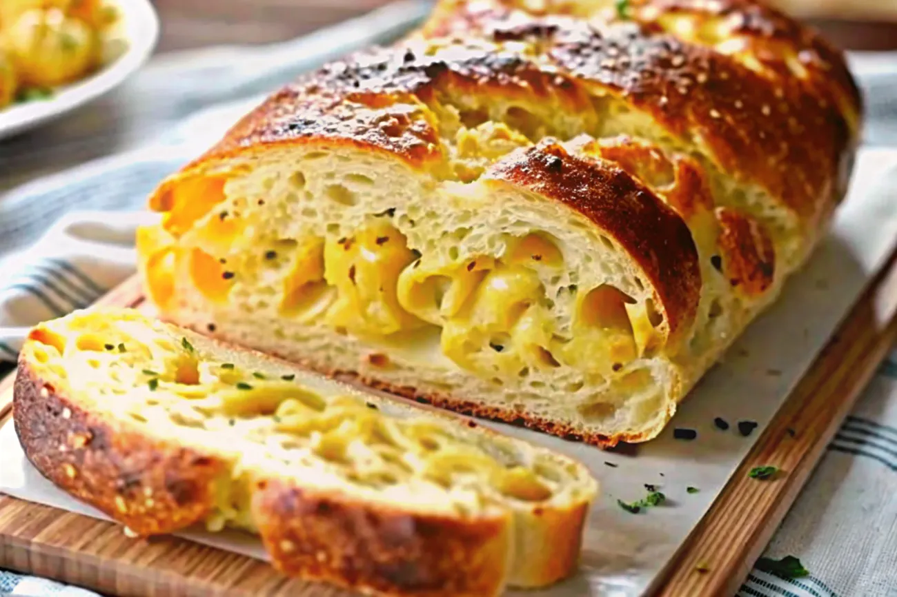 A warm, inviting image of freshly baked Cheese Bread , showcasing its golden crust and gooey, melted cheese center.