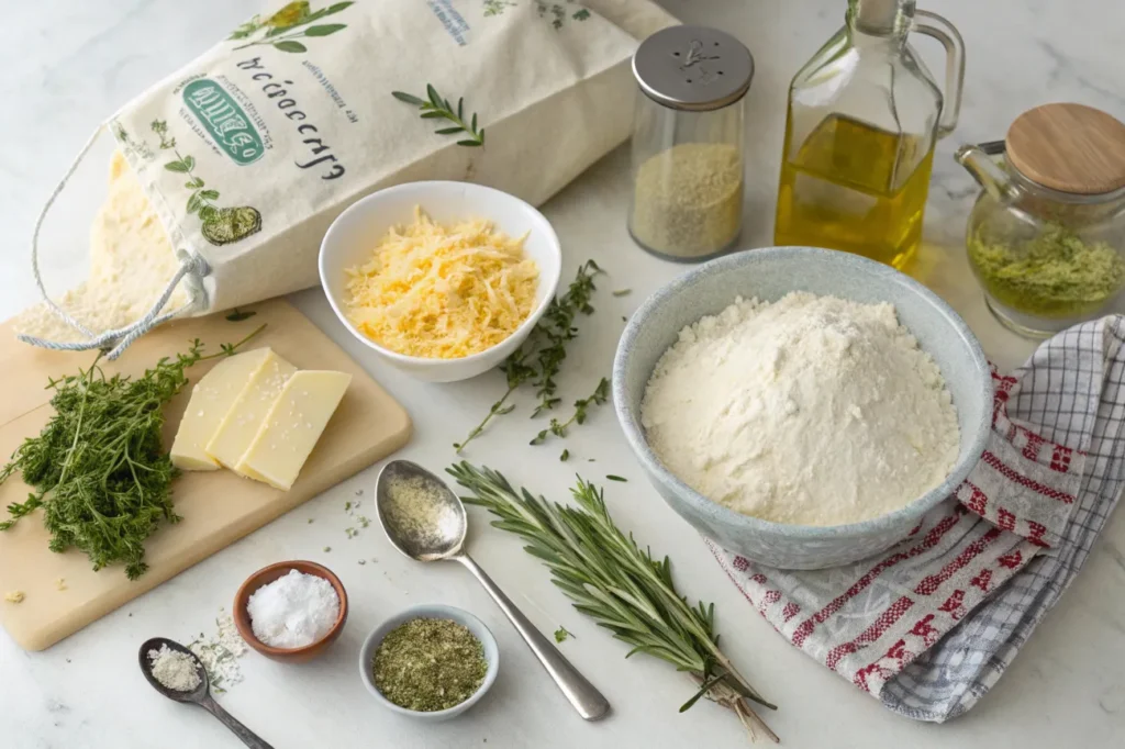  All the essential ingredients laid out for making Cheese Bread , including flour, cheese, yeast, and seasonings.