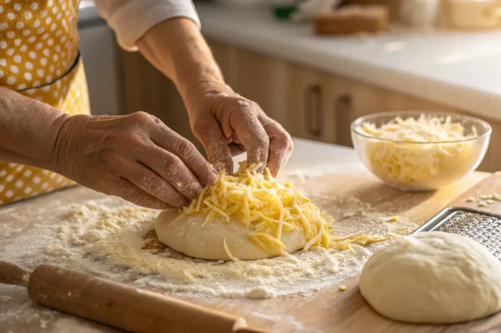 Hands kneading dough for Cheese Bread , with visible shreds of cheese throughout the mixture.