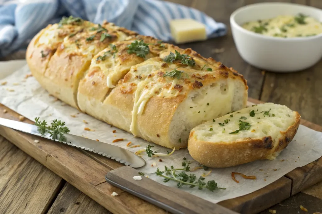 A beautifully baked Cheese Bread loaf with a crispy crust and melted cheese interior, garnished with fresh herbs.