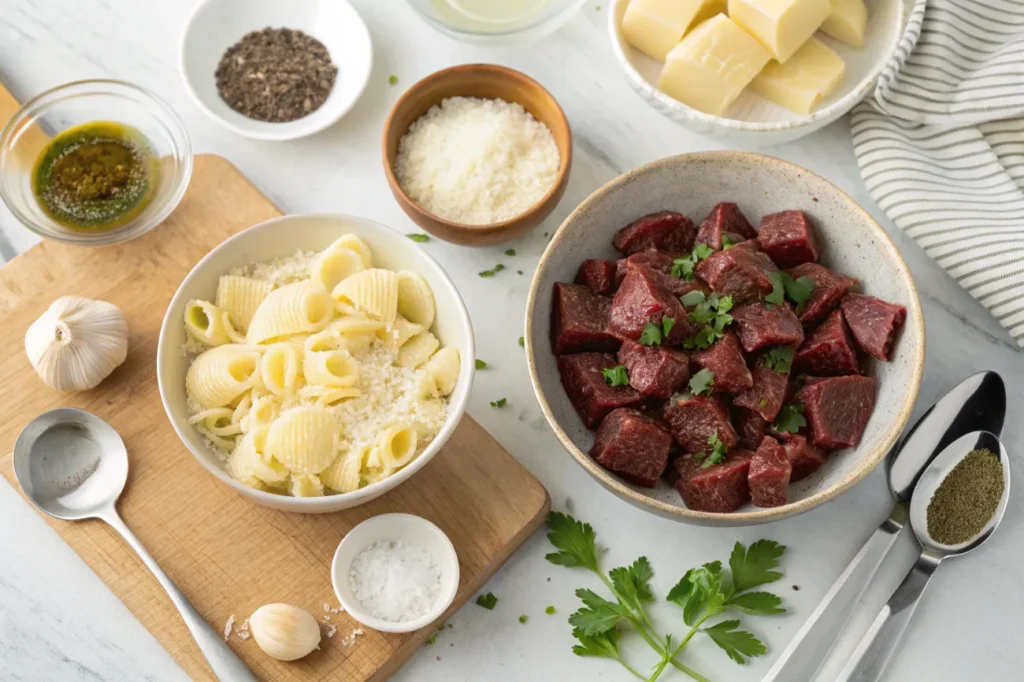 All the essential ingredients laid out for making Garlic Butter Steak Bites and Creamy Parmesan Shells , including steak, cheeses, garlic, and spices.