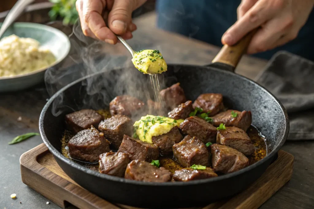 Hands cooking tender Garlic Butter Steak Bites in a hot skillet, creating a rich, savory aroma.