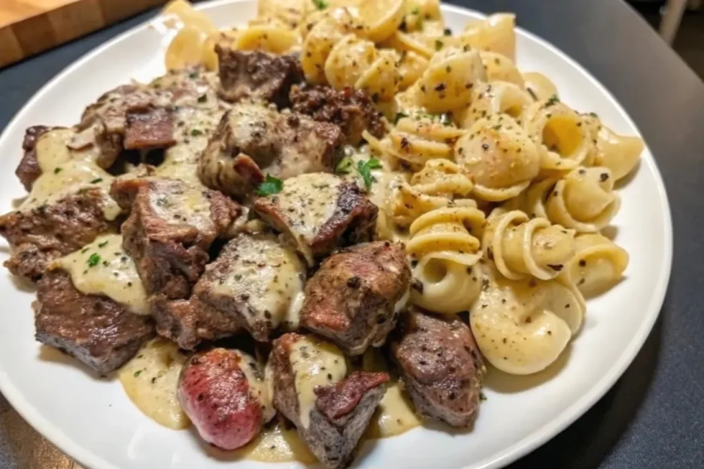  A mouthwatering bowl of Creamy Parmesan Shells with a velvety cheese sauce, garnished with herbs and pepper.