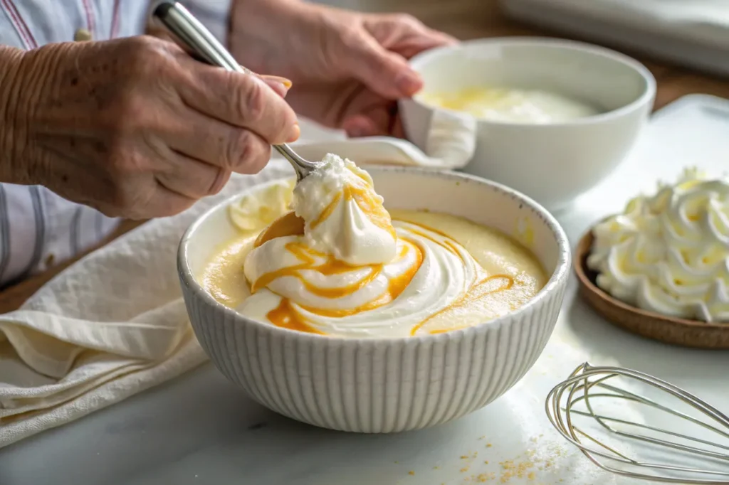 Hands carefully folding Cool Whip into vanilla pudding to create a light and airy frosting.