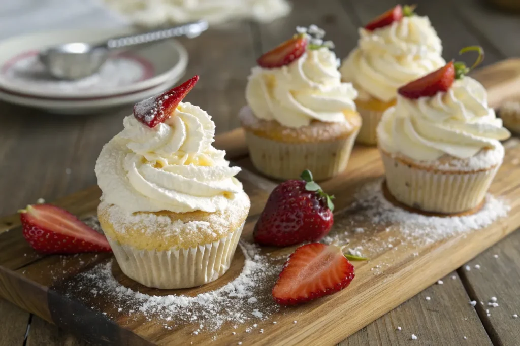 Cupcakes generously frosted with Cool Whip and Pudding Frosting , decorated with fresh strawberries and a dusting of powdered sugar