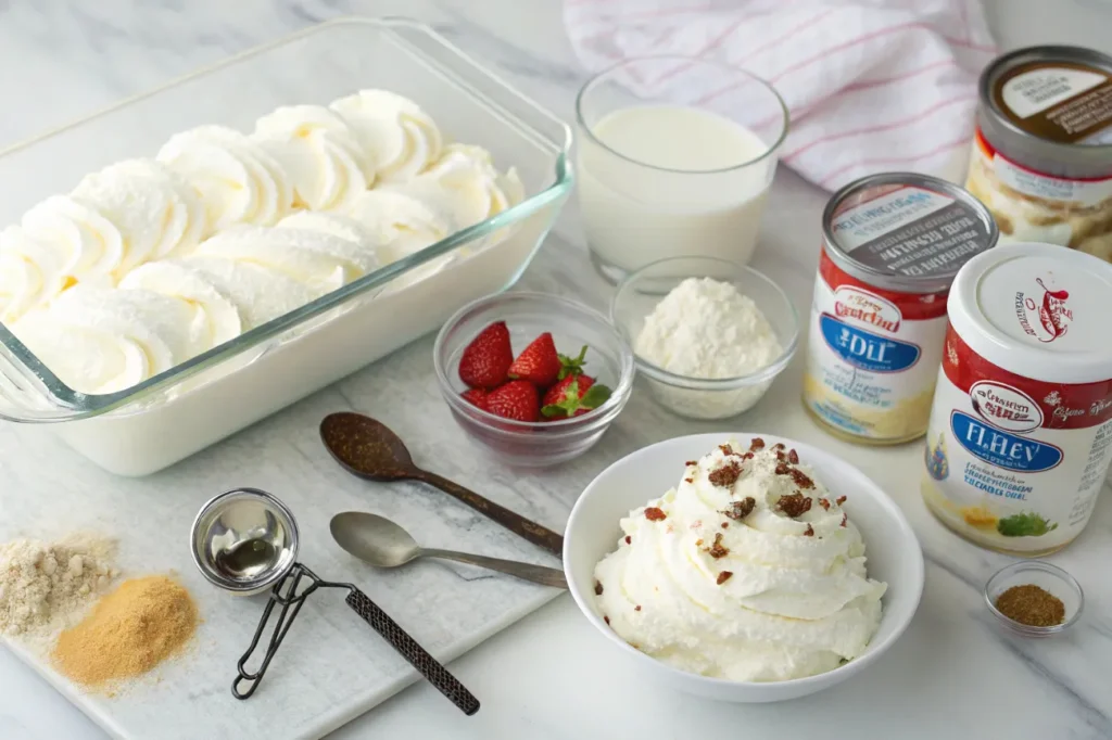 All the essential ingredients laid out for making Cool Whip and Pudding Frosting , including pudding mix, Cool Whip, milk, and powdered sugar.