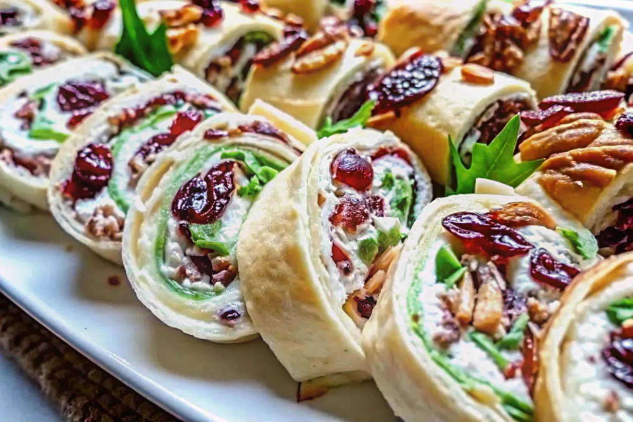 A festive platter of cranberry feta pinwheels with cranberries and herbs, perfect for any occasion.