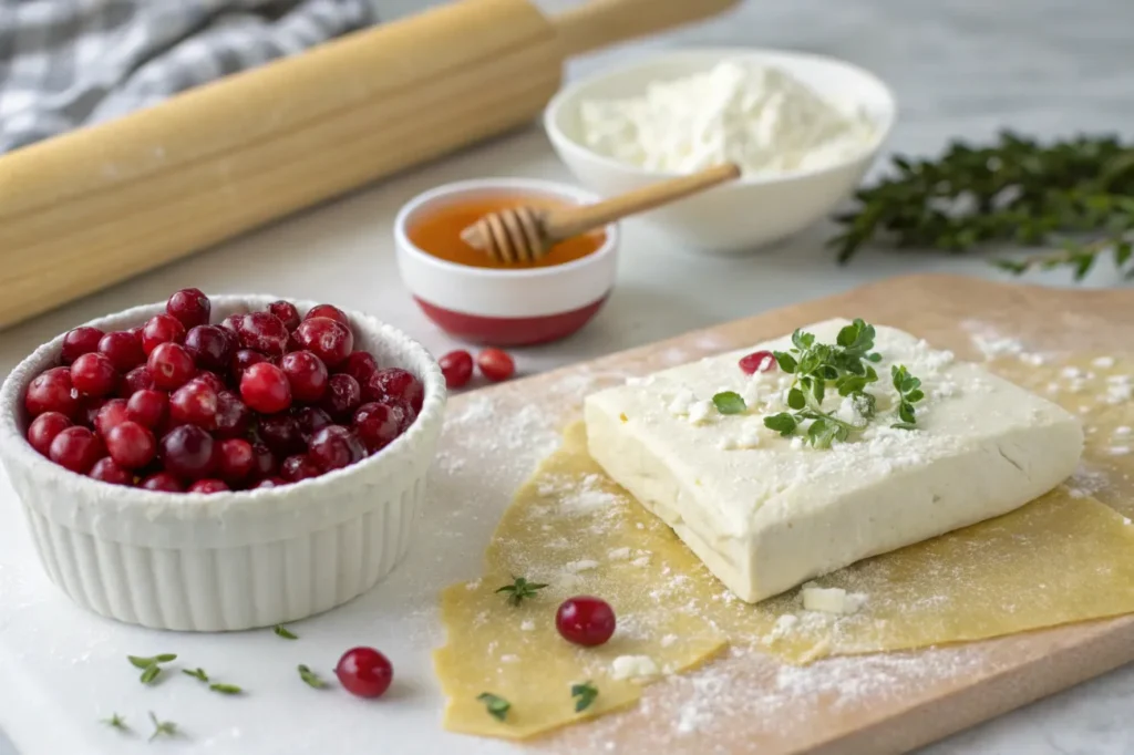 Key ingredients for cranberry feta pinwheels, including feta cheese, cranberries, puff pastry, and honey.

