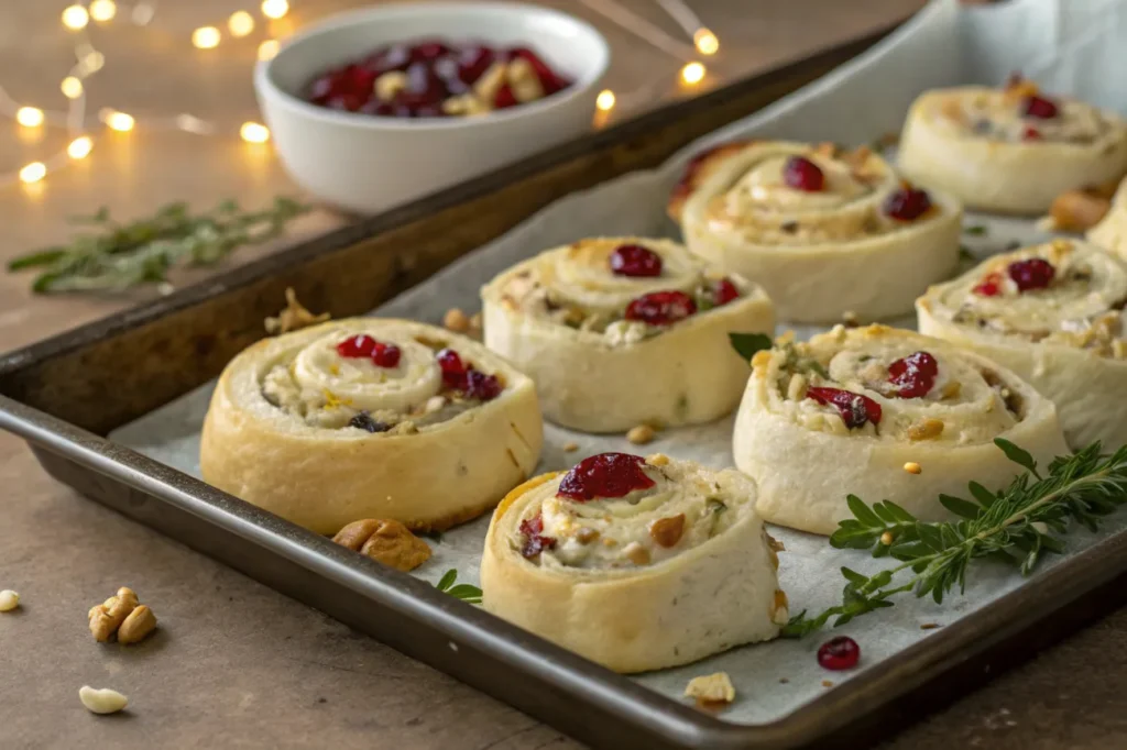 Freshly baked cranberry feta pinwheels with visible filling, ready to serve.