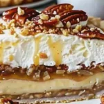 A visually appealing caramel pecan delight pie with a flaky crust, rich caramel filling, and toasted pecans, sitting on a rustic wooden table.