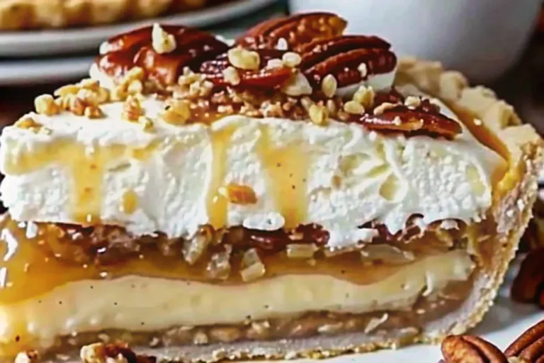 A visually appealing caramel pecan delight pie with a flaky crust, rich caramel filling, and toasted pecans, sitting on a rustic wooden table.