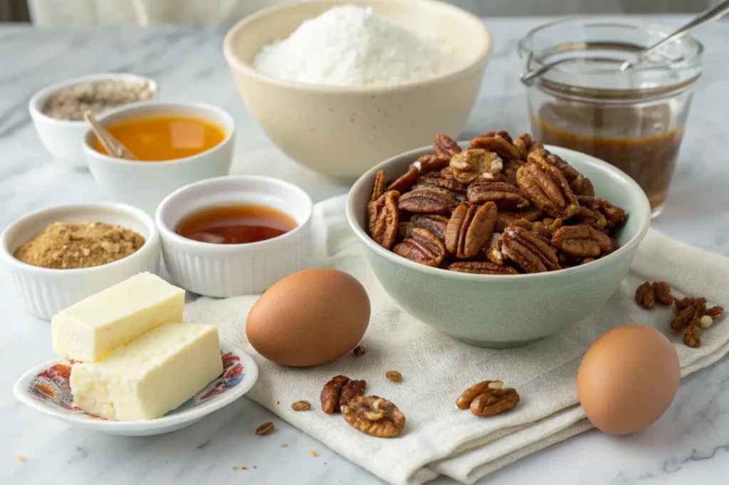 All the essential ingredients for making caramel pecan delight pie, including corn syrup, sugar, butter, eggs, vanilla, salt, pecans, and caramel sauce, displayed on a marble surface.