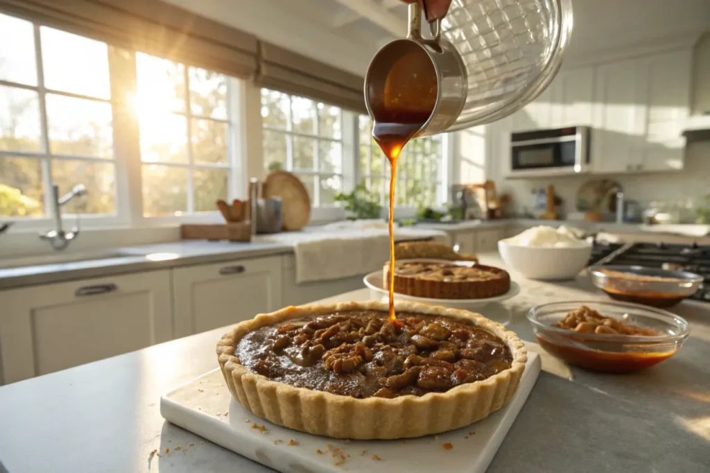 "The caramel pecan delight pie filling being carefully poured into a prepared pie crust with caramel sauce layered underneath, showcasing the baking process."

