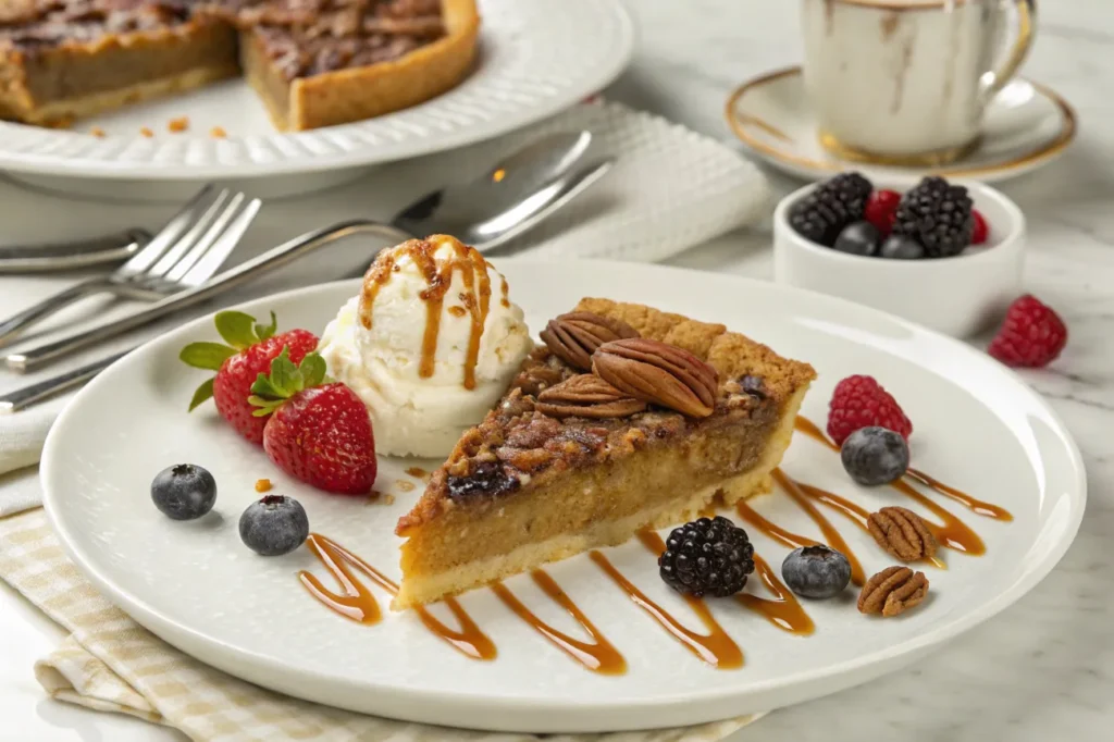 A finished slice of caramel pecan delight pie served on a white plate, decorated with whipped cream, caramel drizzle, fresh berries, and additional pecans, presented elegantly with silverware.