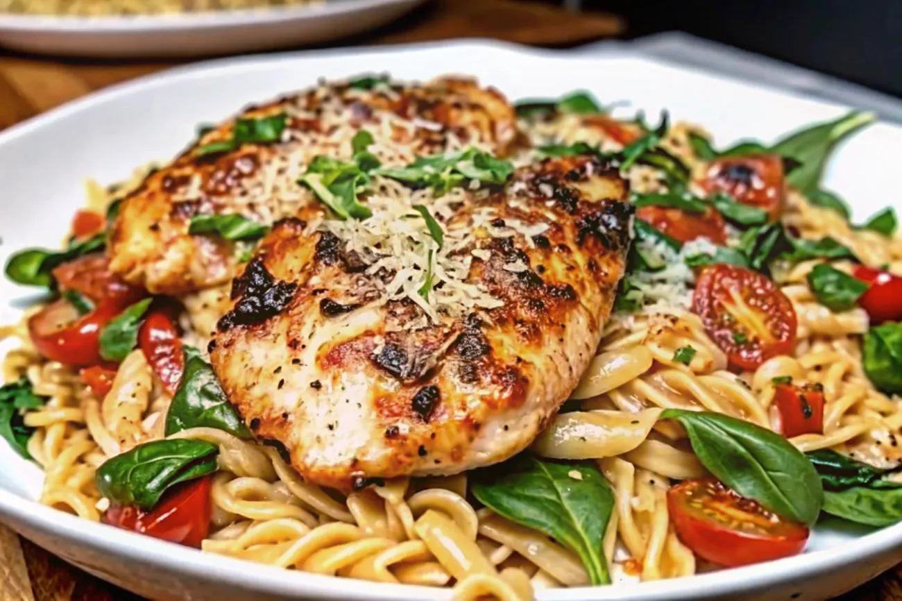 A delicious creamy ricotta chicken and orzo skillet featuring shredded chicken, creamy sauce, and orzo pasta, garnished with fresh parsley, served in a skillet on a wooden table.