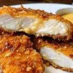 Golden and crispy air fryer honey butter garlic chicken tenders served on a white plate, garnished with fresh parsley, displayed on a wooden table.