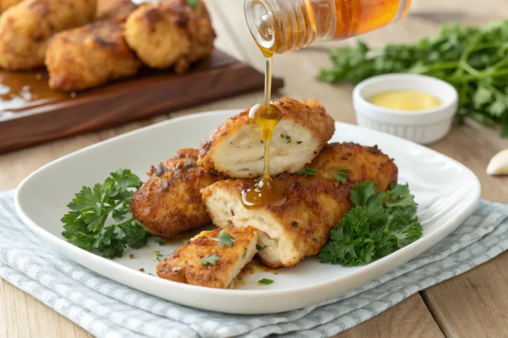 A finished serving of air fryer honey butter garlic chicken tenders on a wooden board, paired with dipping sauces and fresh herbs, presented elegantly with silverware