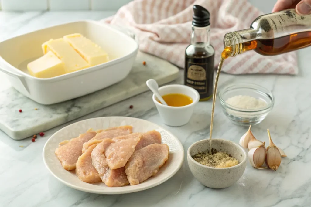 All the essential ingredients for making air fryer honey butter garlic chicken tenders, including chicken tenders, butter, honey, garlic, salt, and pepper, displayed on a marble surface.