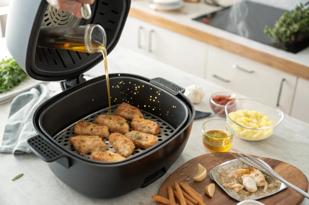 The cooking process of air fryer honey butter garlic chicken tenders, showing marinated chicken tenders being loaded into an air fryer basket, with steam rising during cooking