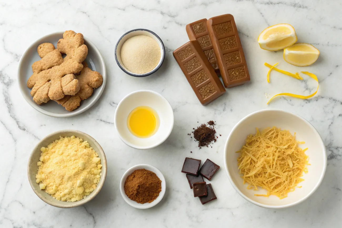 All the essential ingredients for making ginger caramel slice, including digestive biscuits, butter, condensed milk, golden syrup, ginger, chocolate, and lemon zest, displayed on a marble surface."